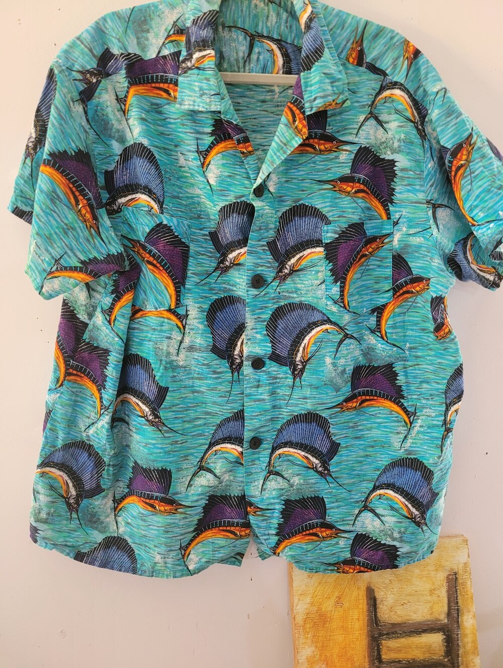 Men's Casual Button-Down Shirt - Blue & Orange Marlin Print